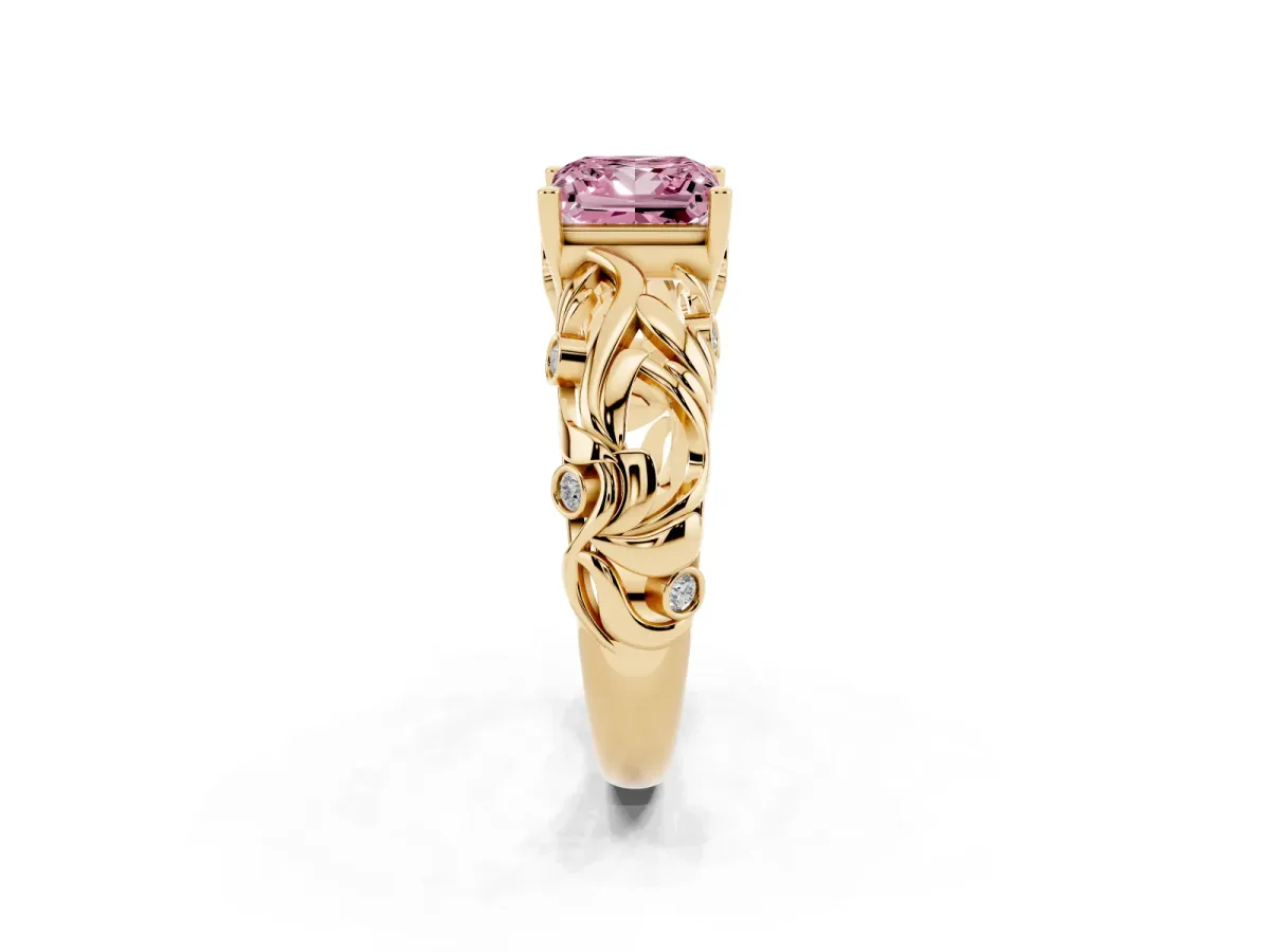 Fancy Pink Princess Cut Solitaire Diamond Leaf-Inspired Vine Band Ring with Prong Setting Yellow gold