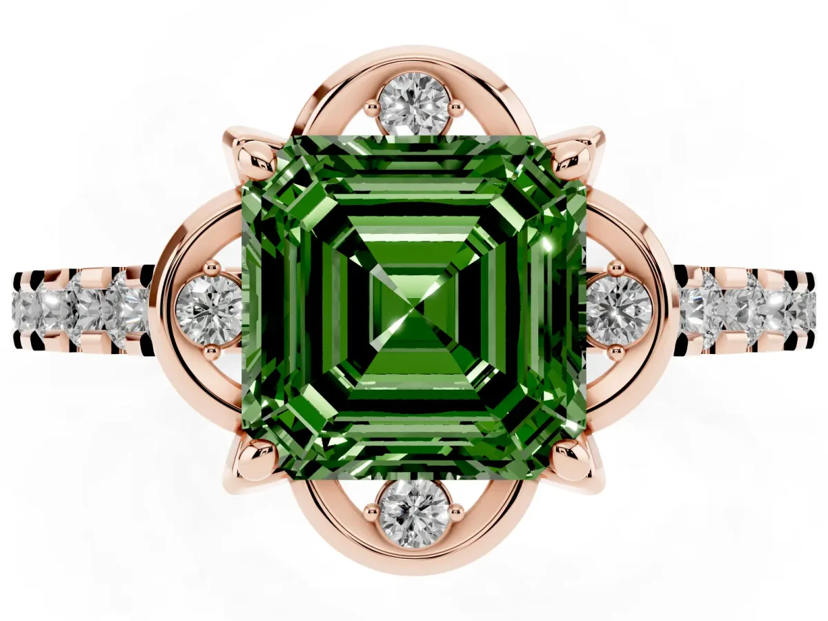 Fancy Green Asscher Cut Diamond Ring with Pavé Band and Floral Prong Setting Rose gold