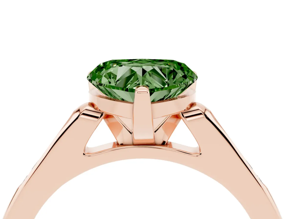 Fancy Green Heart Cut Diamond Solitaire Ring with Channel Set Round Band and Prong Setting Rose gold