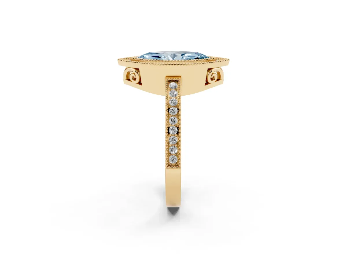Fancy Blue Marquise Cut Cut Halo Diamond Ring with Pavé Band and Milgrain Prong Setting Yellow gold