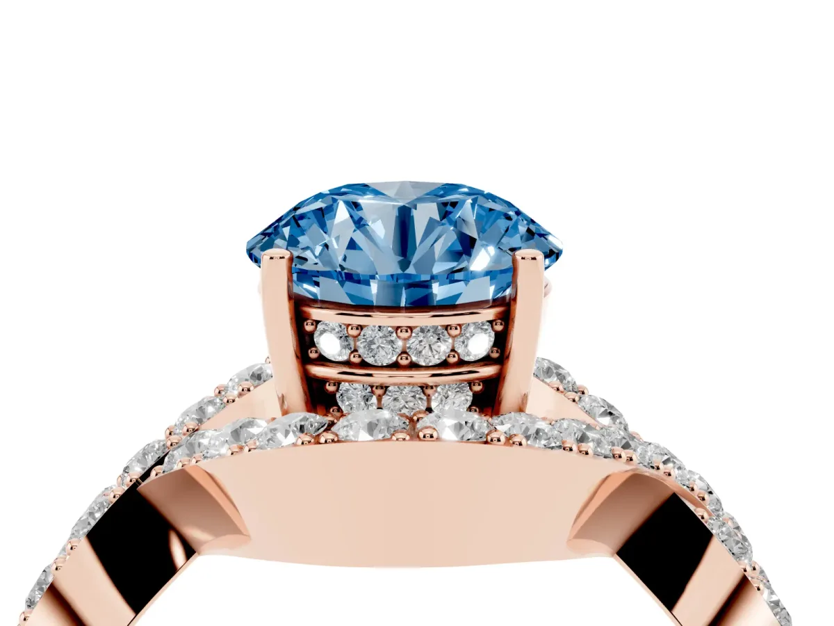Fancy Blue Round Cut Solitaire Twist Band Pavé Diamond Engagement Ring Rose gold