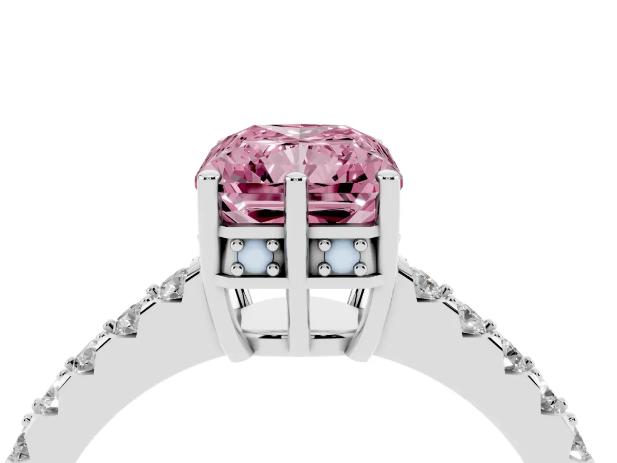 Fancy Pink Radiant Cut Solitaire Diamond Engagement Ring with Pavé Band and Six-Prong Setting Silver