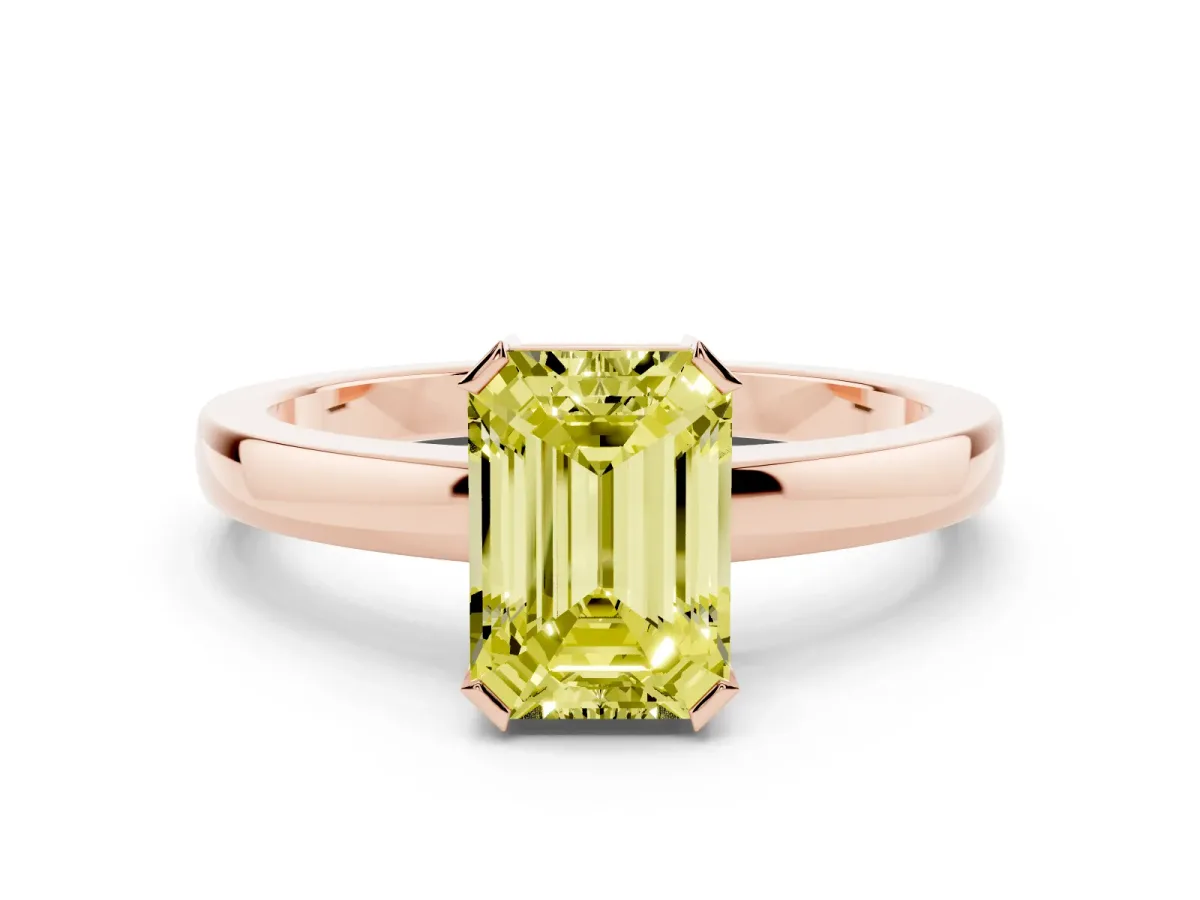 Fancy Yellow Emerald Cut Cut Solitaire Ring with Four-Prong Setting and Classic Band Rose gold