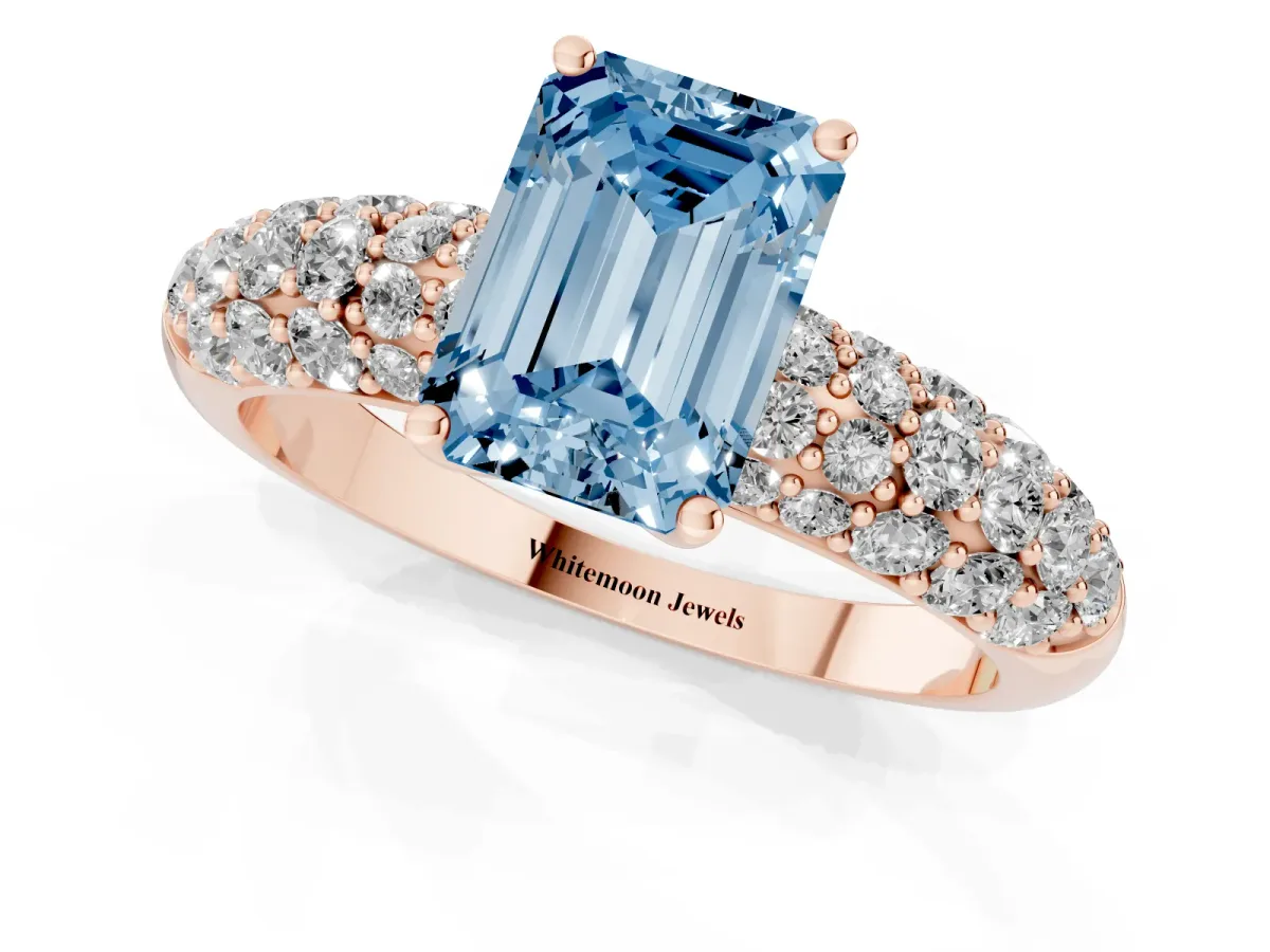 Fancy Blue Emerald Cut Diamond Pavé Band Solitaire Ring with Four-Prong Setting Rose gold