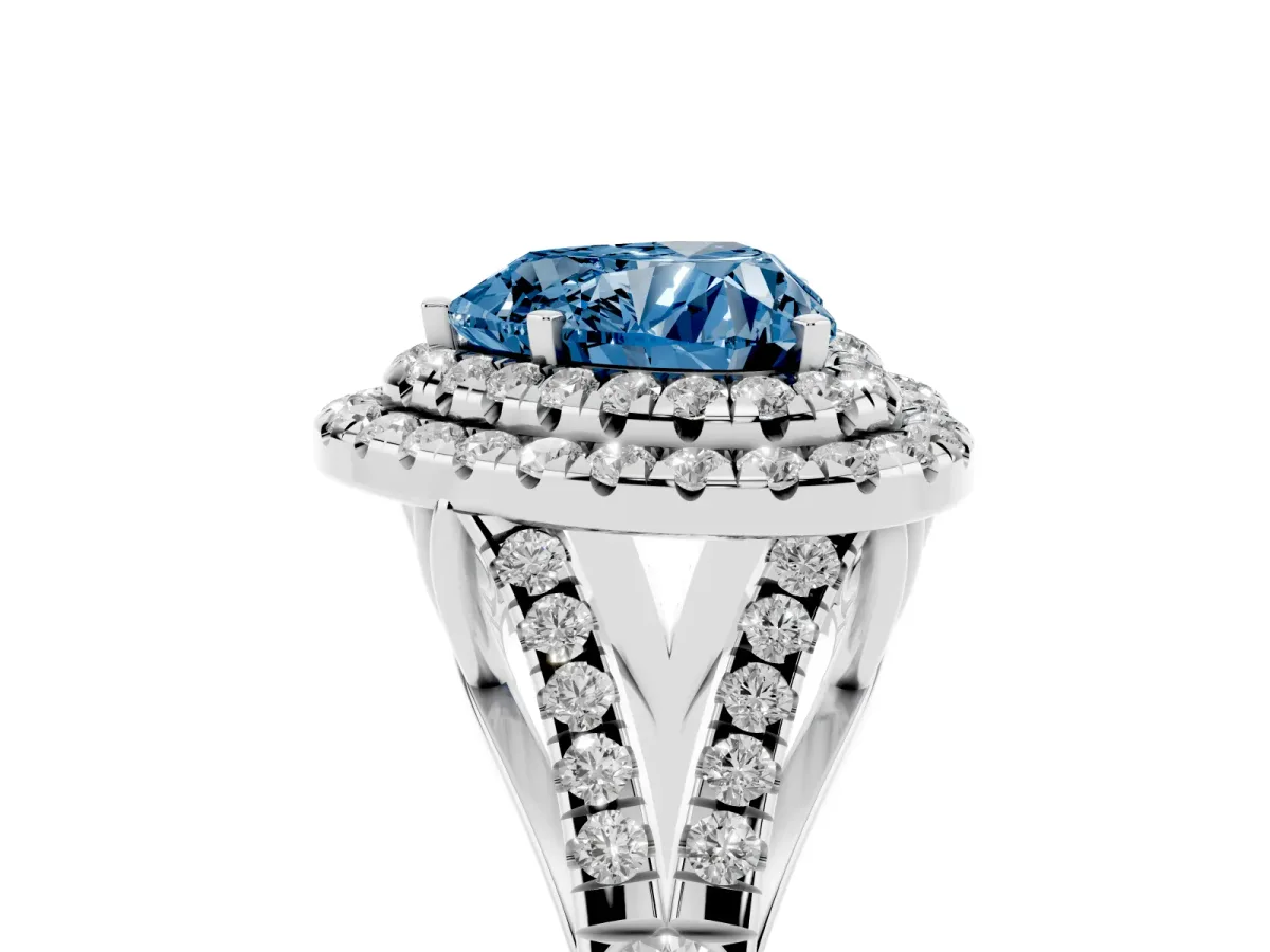 Fancy Blue Double Halo Heart Cut Diamond Split Shank Engagement Ring with Four-Prong Setting Silver