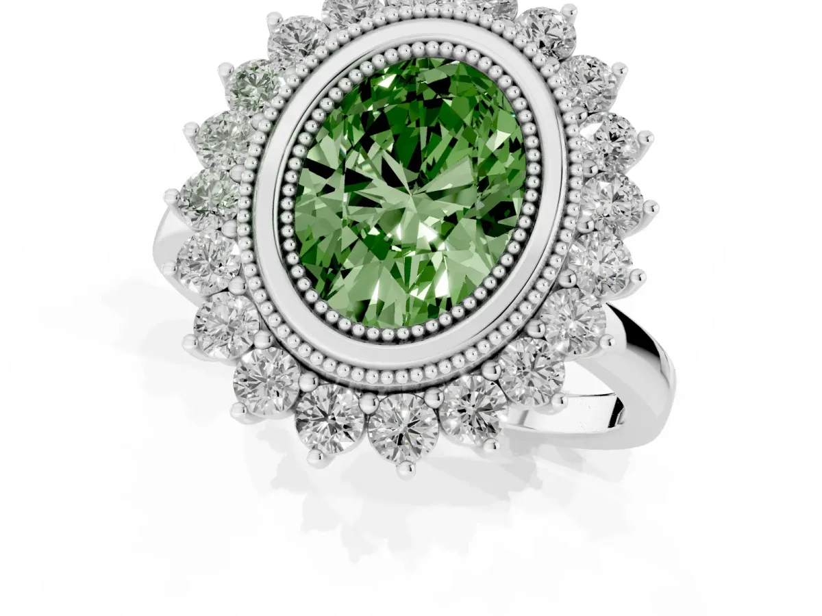 Fancy Green Oval Cut Halo Diamond Ring with Milgrain Edge and Round Prong Setting Silver