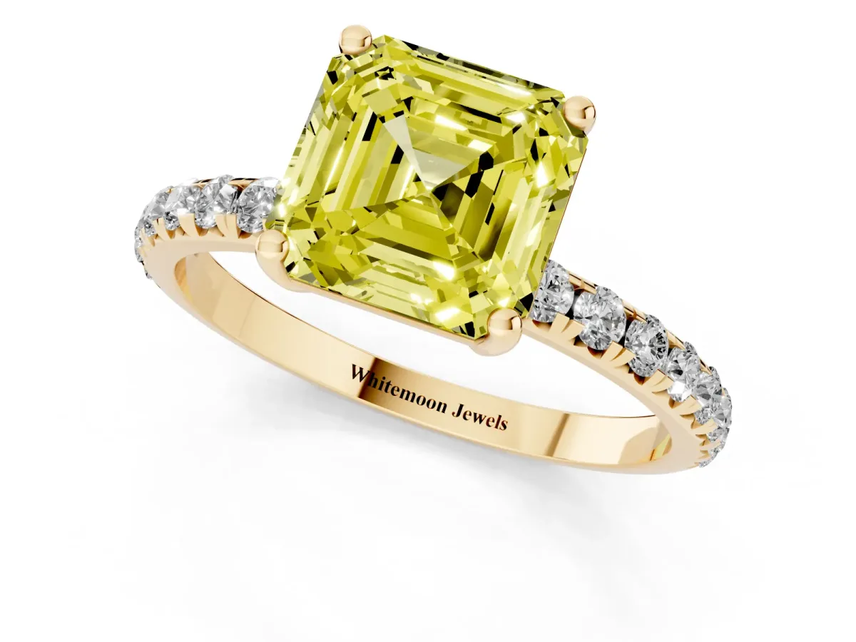 Fancy Yellow Asscher Cut Cut Diamond Solitaire Ring with Micro Pave Band and Four Prong Setting Yellow gold