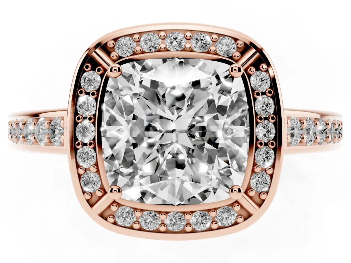 Cushion Cut Cut Halo Pave Split Shank Prong Setting Ring Rose gold