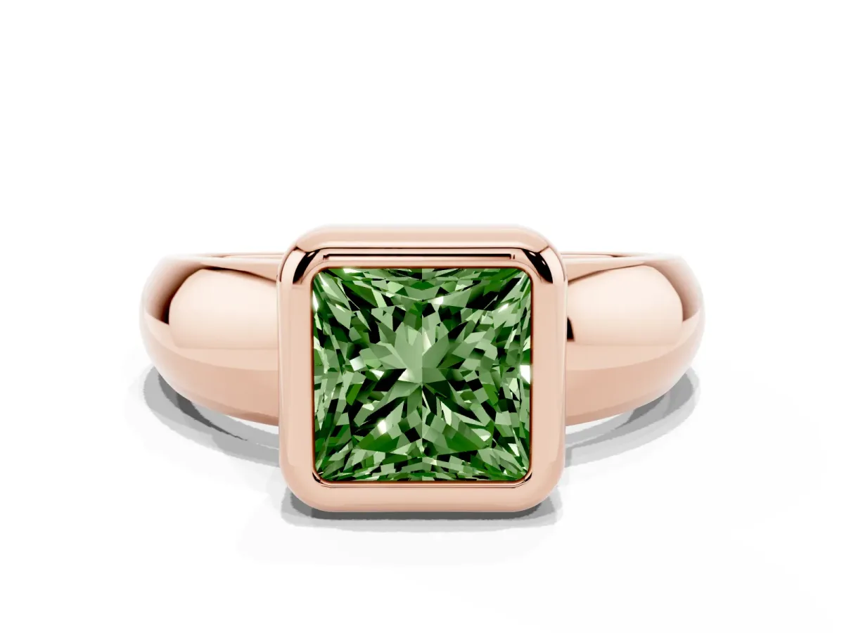 Fancy Green Bezel Set Princess Cut Solitaire Ring with Wide Band Rose gold