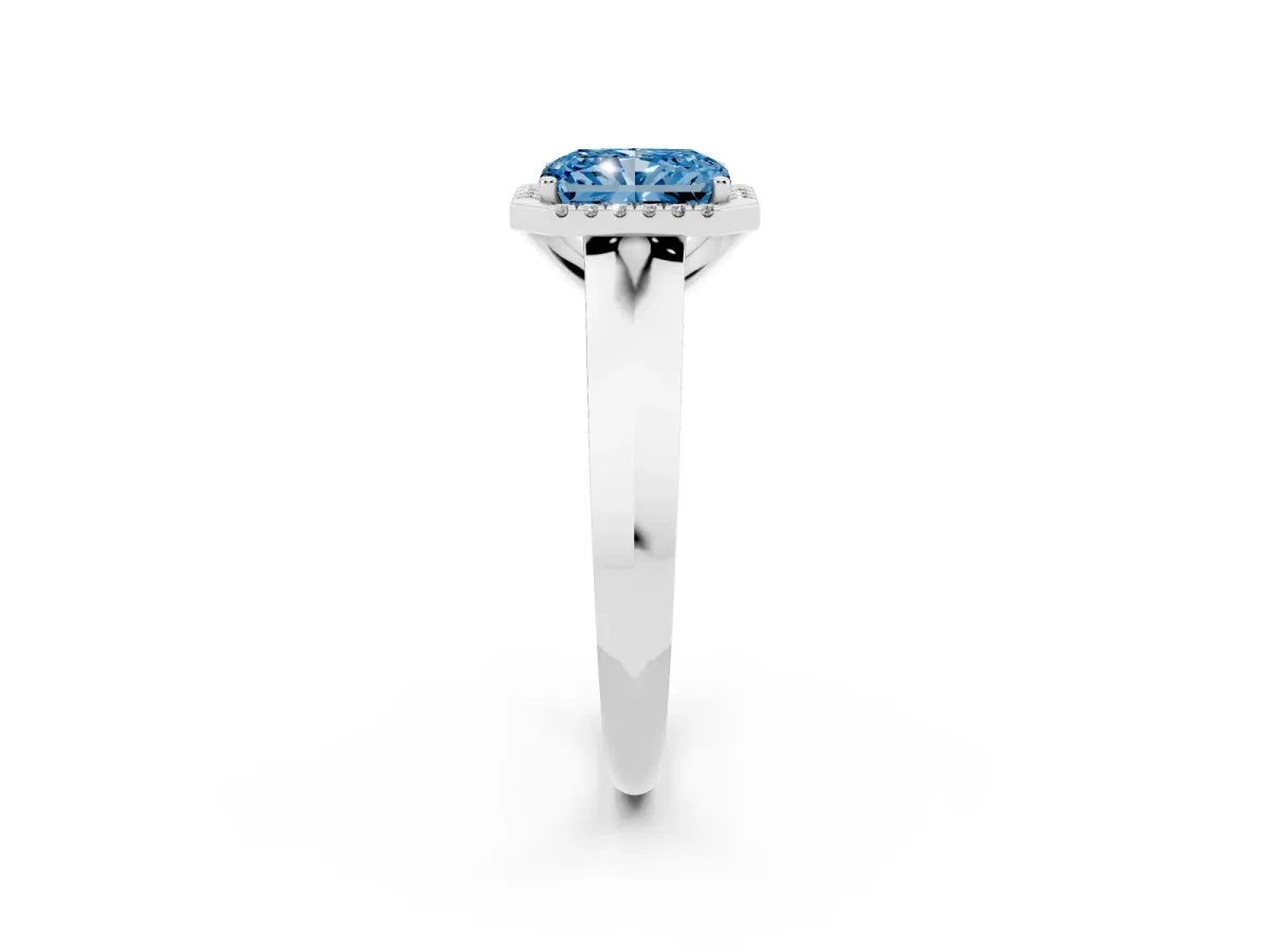 Fancy Blue Radiant Cut Halo Diamond Ring with Cathedral Band and Four-Prong Setting White gold