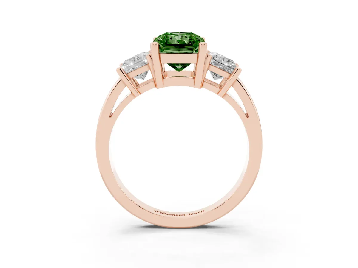 Fancy Green Three-Stone Radiant Cut Cut Solitaire Ring with Prong Setting Rose gold