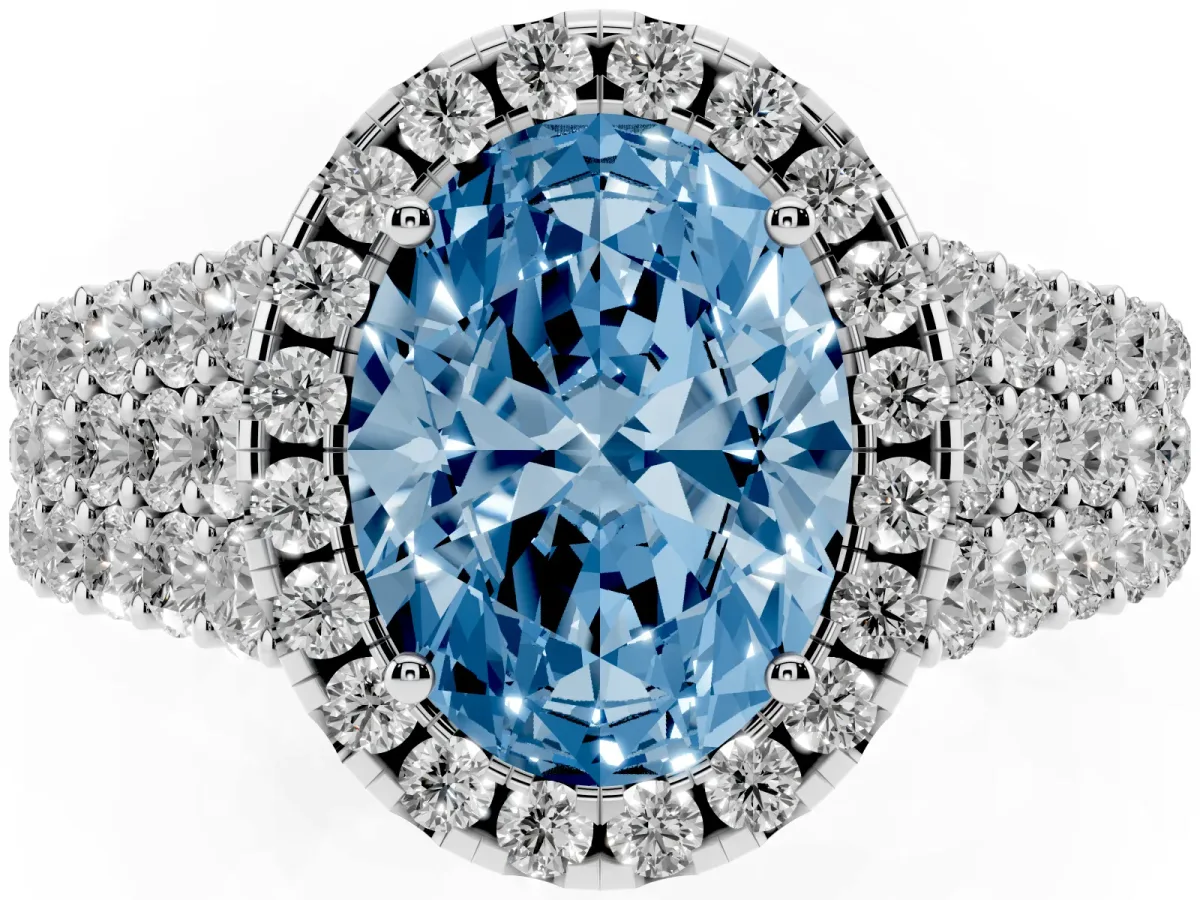 Fancy Blue Oval Cut Diamond Halo Engagement Ring with Triple Row Round Pavé Band and Prong Setting White gold