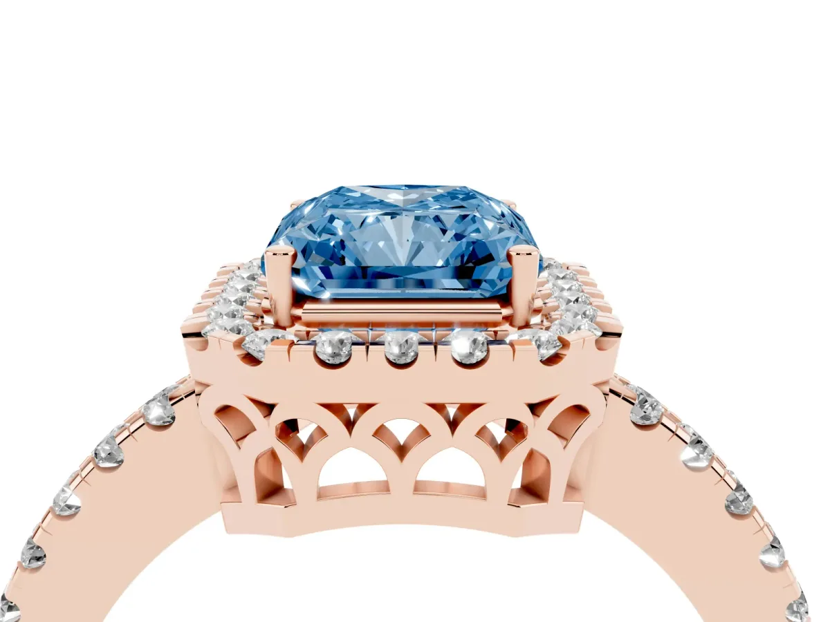 Fancy Blue Radiant Cut Halo Diamond Engagement Ring with Pavé Band and Four-Prong Setting Rose gold
