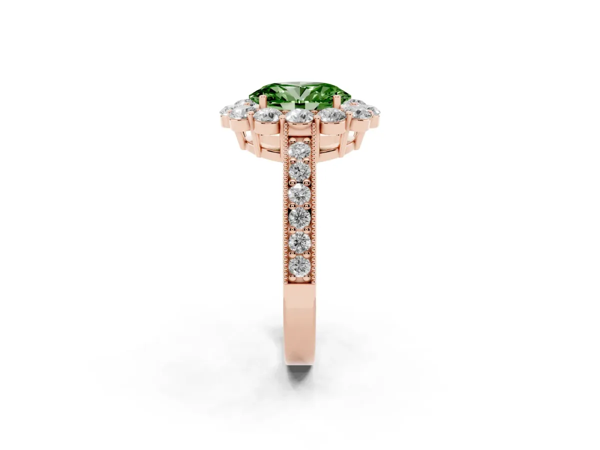Fancy Green Oval Cut Cut Halo Diamond Pavé Engagement Ring with Milgrain Detailing Rose gold