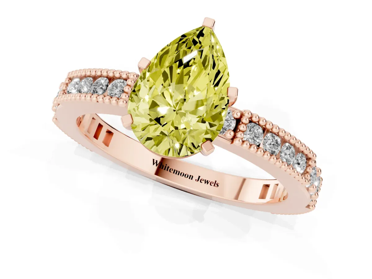 Fancy Yellow Pear Cut Solitaire with Pavé Band and Four-Prong Setting Rose gold