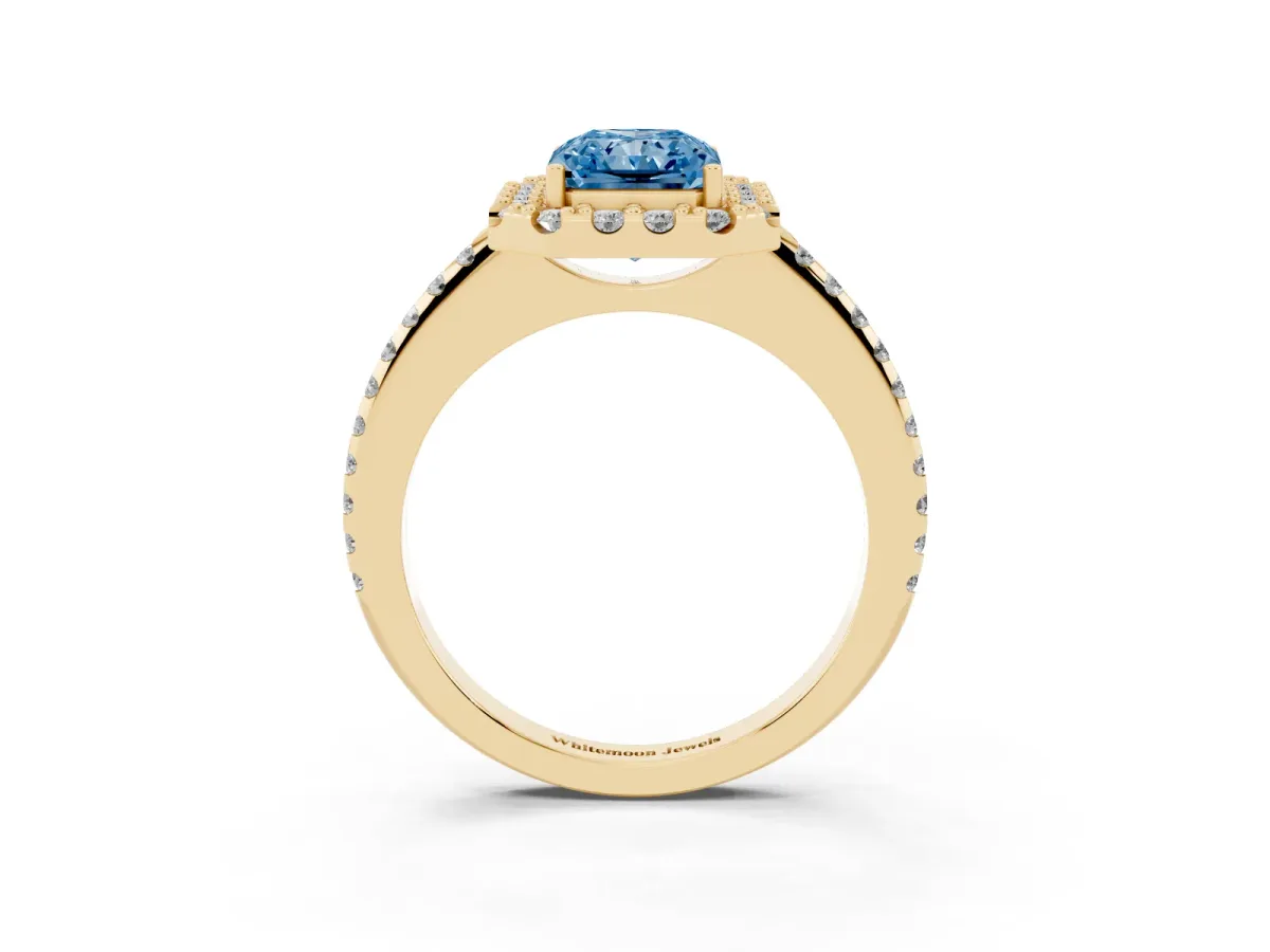 Fancy Blue Radiant Cut Diamond Pavé Halo Ring with Four-Prong Setting Yellow gold