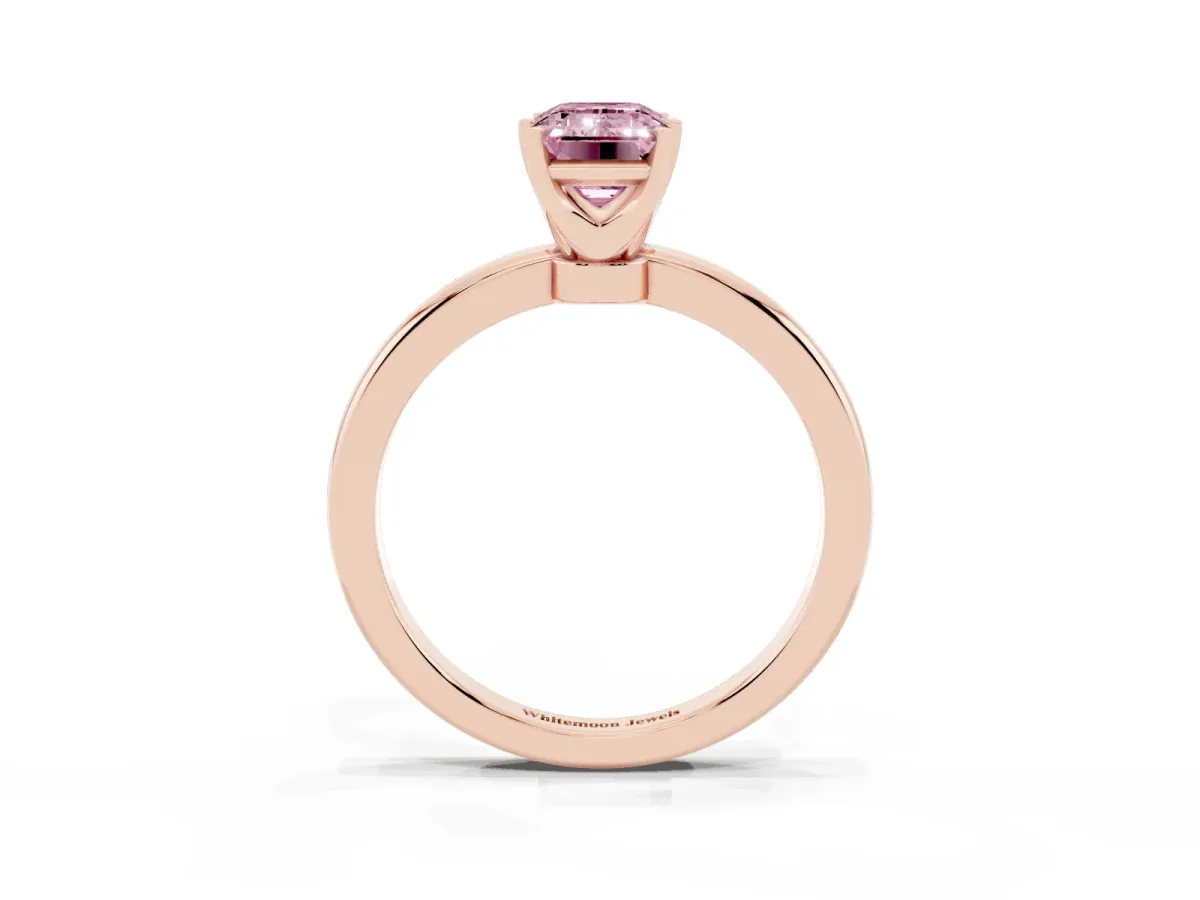 Fancy Pink Emerald Cut Solitaire Diamond Ring with Six-Prong Setting on a Classic Band Rose gold