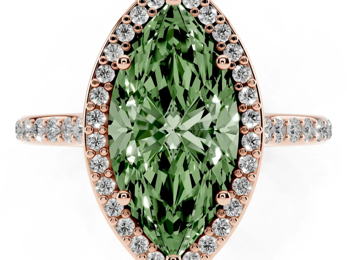 Fancy Green Marquise Cut Diamond Halo Engagement Ring with Round Pavé Shoulders and Prong Setting Rose gold
