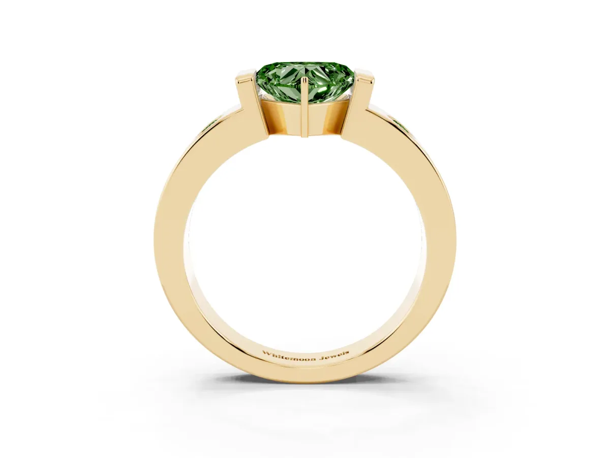 Fancy Green Heart Cut Brilliant Channel-Set Diamond Ring with Bezel Prong Setting Yellow gold