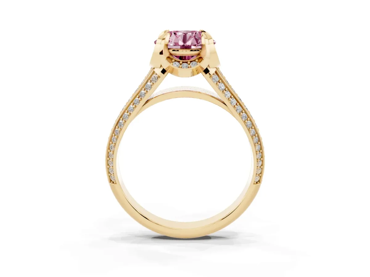 Fancy Pink Round Cut Solitaire Pave Split Shank Ring with Four-Prong Setting Yellow gold