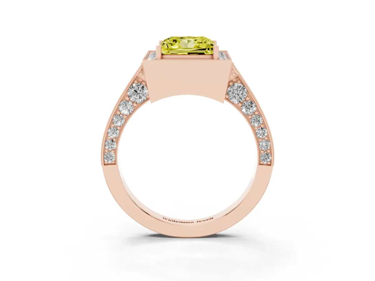 Fancy Yellow Princess Cut Halo Diamond Engagement Ring with Split Shank Band and Four-Prong Setting Rose gold