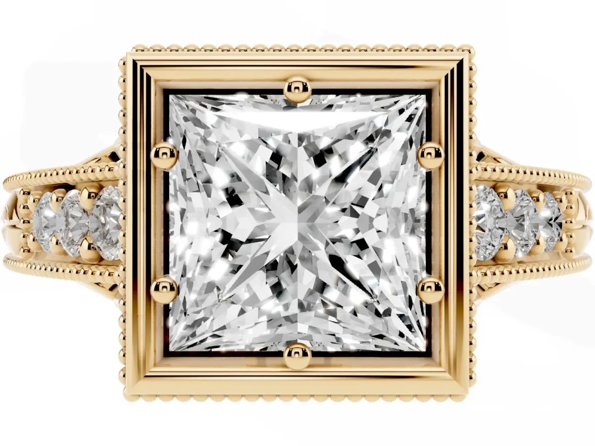 Bezel Set Princess Cut Diamond Milgrain Pave Engagement Ring Yellow gold