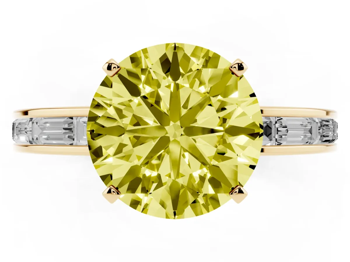 Fancy Yellow Round Cut Solitaire Diamond Ring with Channel-Set Baguette Band and Four-Prong Setting Yellow gold