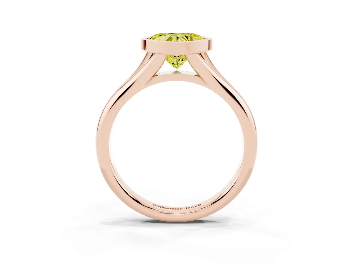 Fancy Yellow Bezel Set Heart Cut Solitaire Diamond Ring with Smooth Band Rose gold