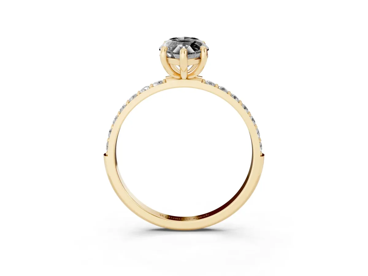 Fancy Black Marquise Cut Diamond Solitaire Ring with Round Pavé Band and Prong Setting Yellow gold