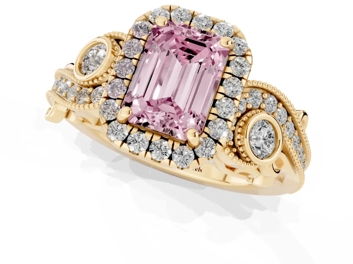 Fancy Pink Emerald Cut Diamond Halo Ring with Milgrain Pavé Band and Four-Prong Setting Yellow gold