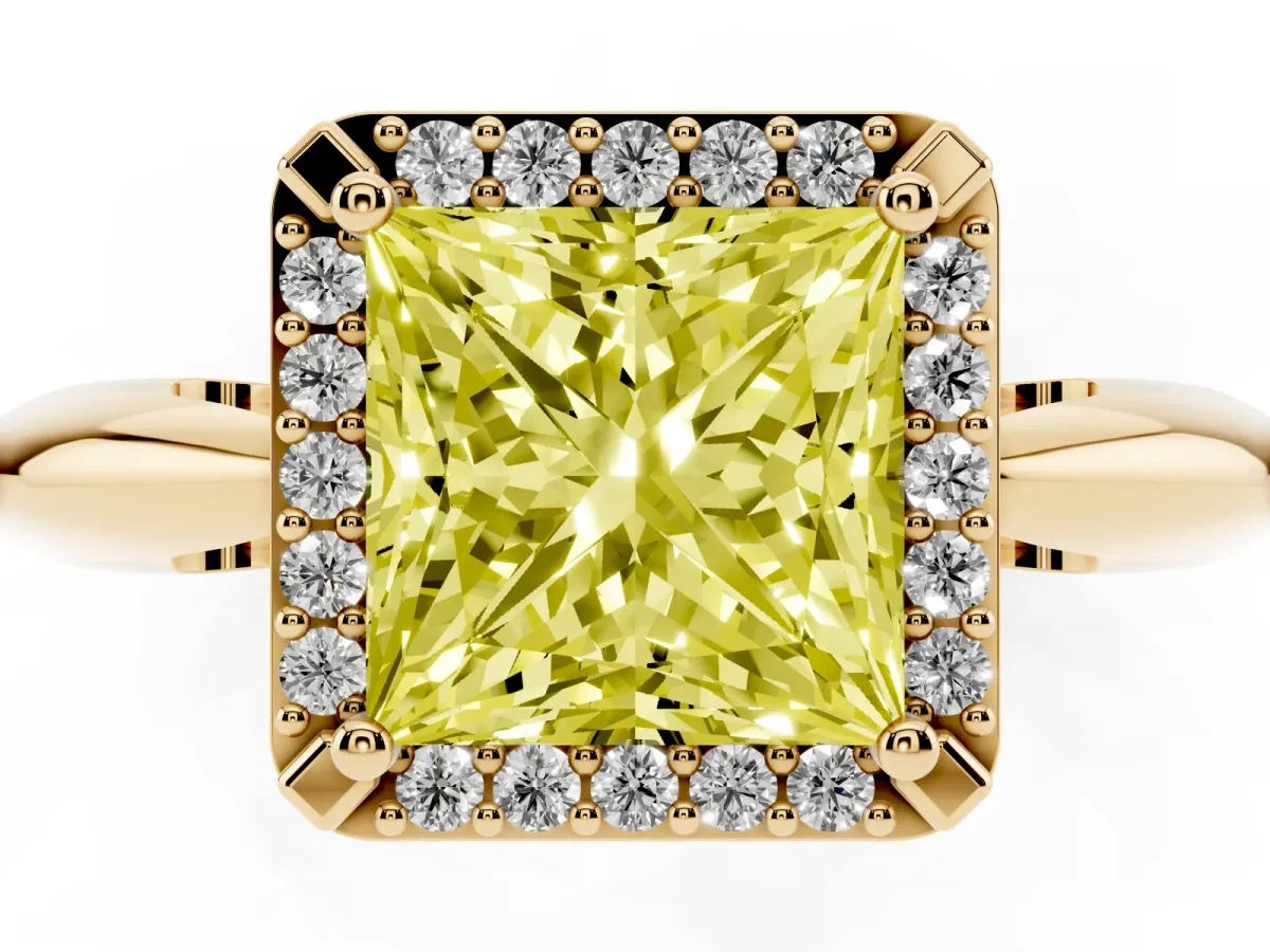 Fancy Yellow Princess Cut Cut Diamond Halo Engagement Ring with Split Shank and Four-Prong Setting Yellow gold