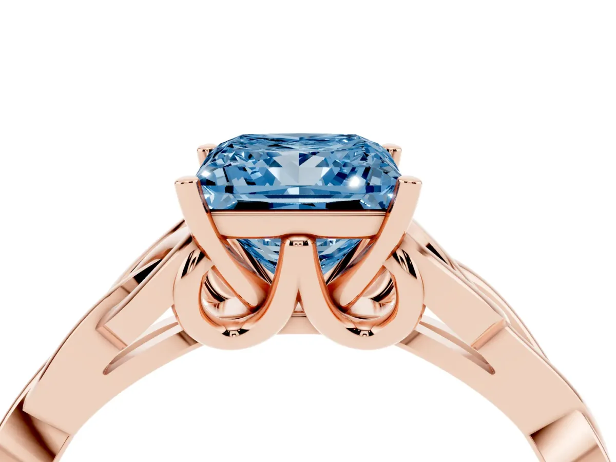 Fancy Blue Princess Cut Diamond Solitaire Engagement Ring with Celtic Knot Band and Four-Prong Setting Rose gold
