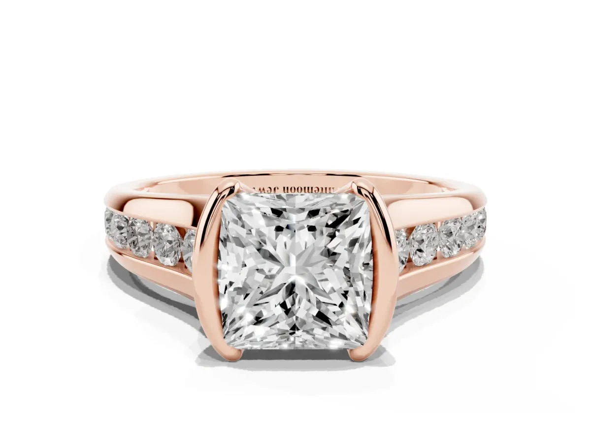 Princess Cut Solitaire Bezel-Set Diamond Ring with Channel-Set Band Rose gold