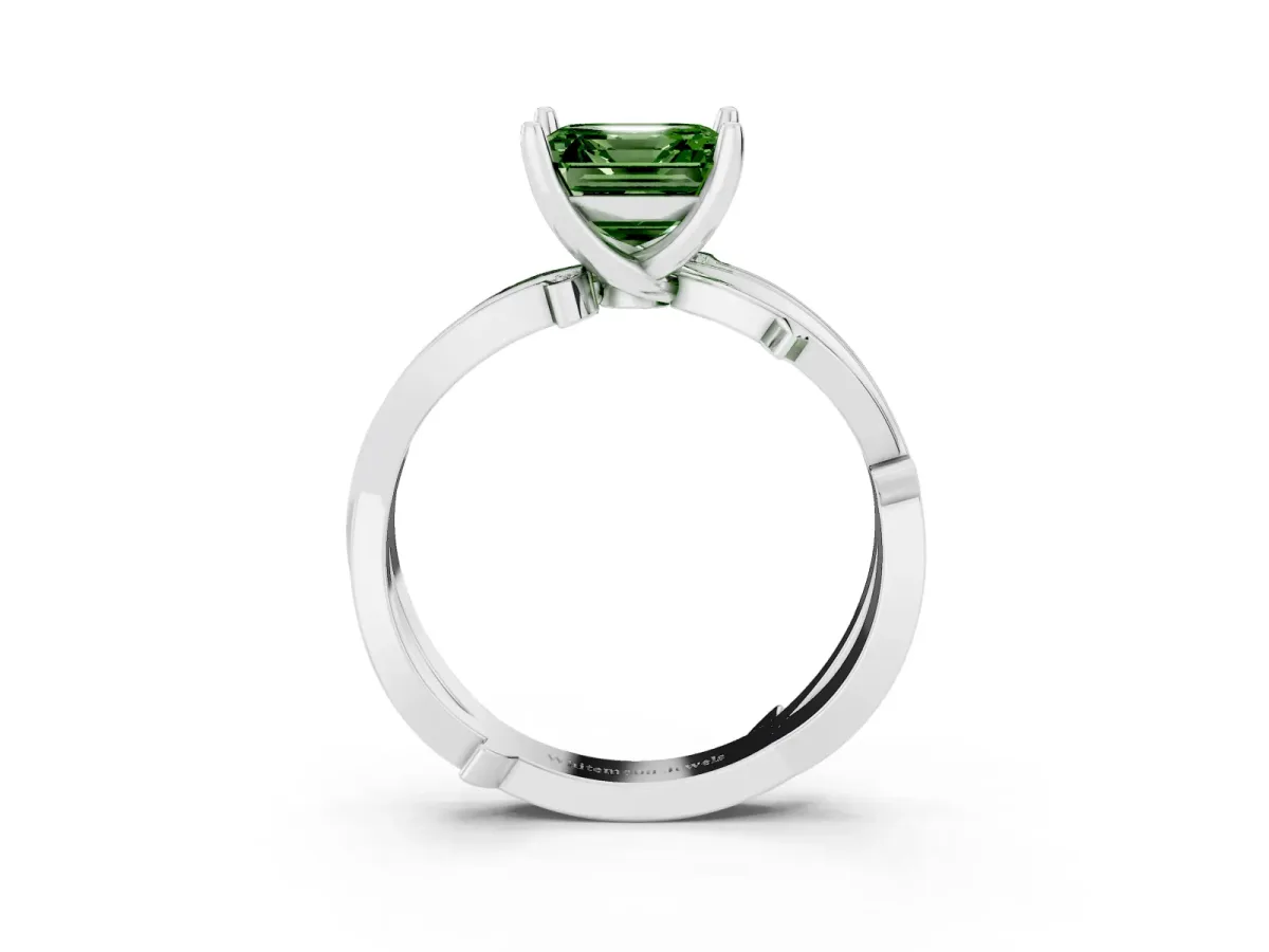 Fancy Green Asscher Cut Solitaire Twist Band with Pavé Accents and Four-Prong Setting Platinum