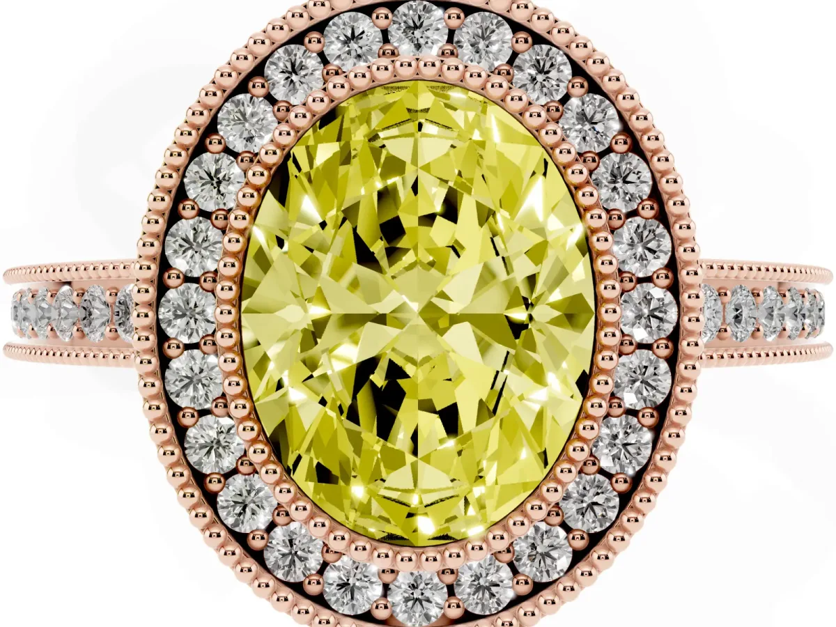 Fancy Yellow Oval Cut Cut Halo Diamond Ring with Pavé Band and Milgrain Prong Setting Rose gold