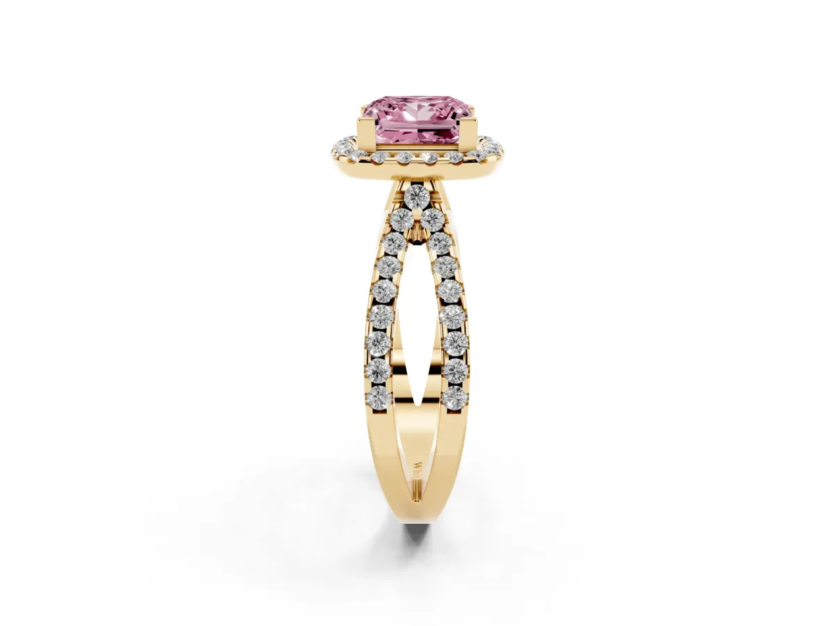 Fancy Pink Princess Cut Diamond Halo Ring with Split Shank Pavé Band and Prong Setting Yellow gold