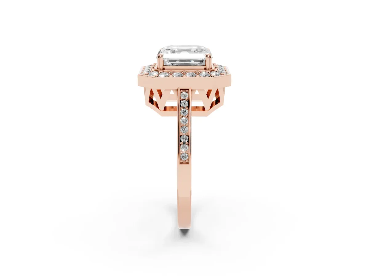 Asscher Cut Diamond Halo Ring with Split Shank and Four-Prong Setting Rose gold