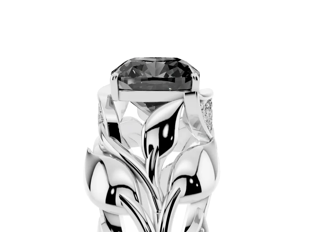Fancy Black Cushion Cut Diamond Leaf-Inspired Engagement Ring with Round Accents and Prong Setting White gold