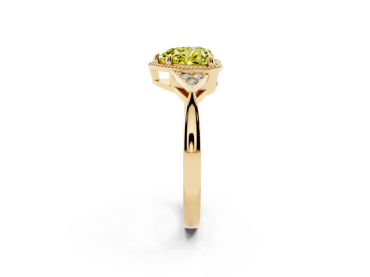 Fancy Yellow Milgrain Heart Cut Cut Diamond Ring with Tapered Pave Band and Four Prong Setting Yellow gold