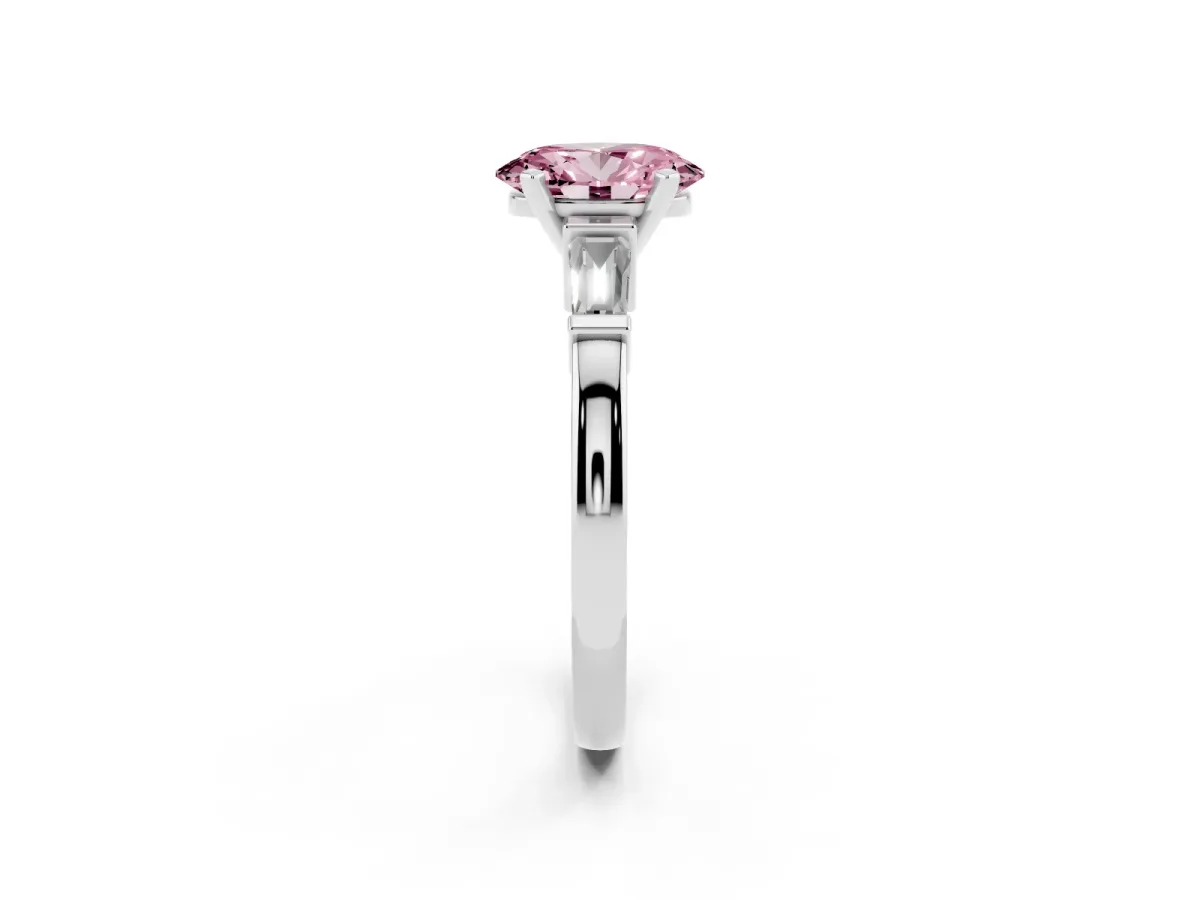 Fancy Pink Oval Cut Cut Diamond Solitaire Ring with Tapered Baguette Accents and Four-Prong Setting Platinum