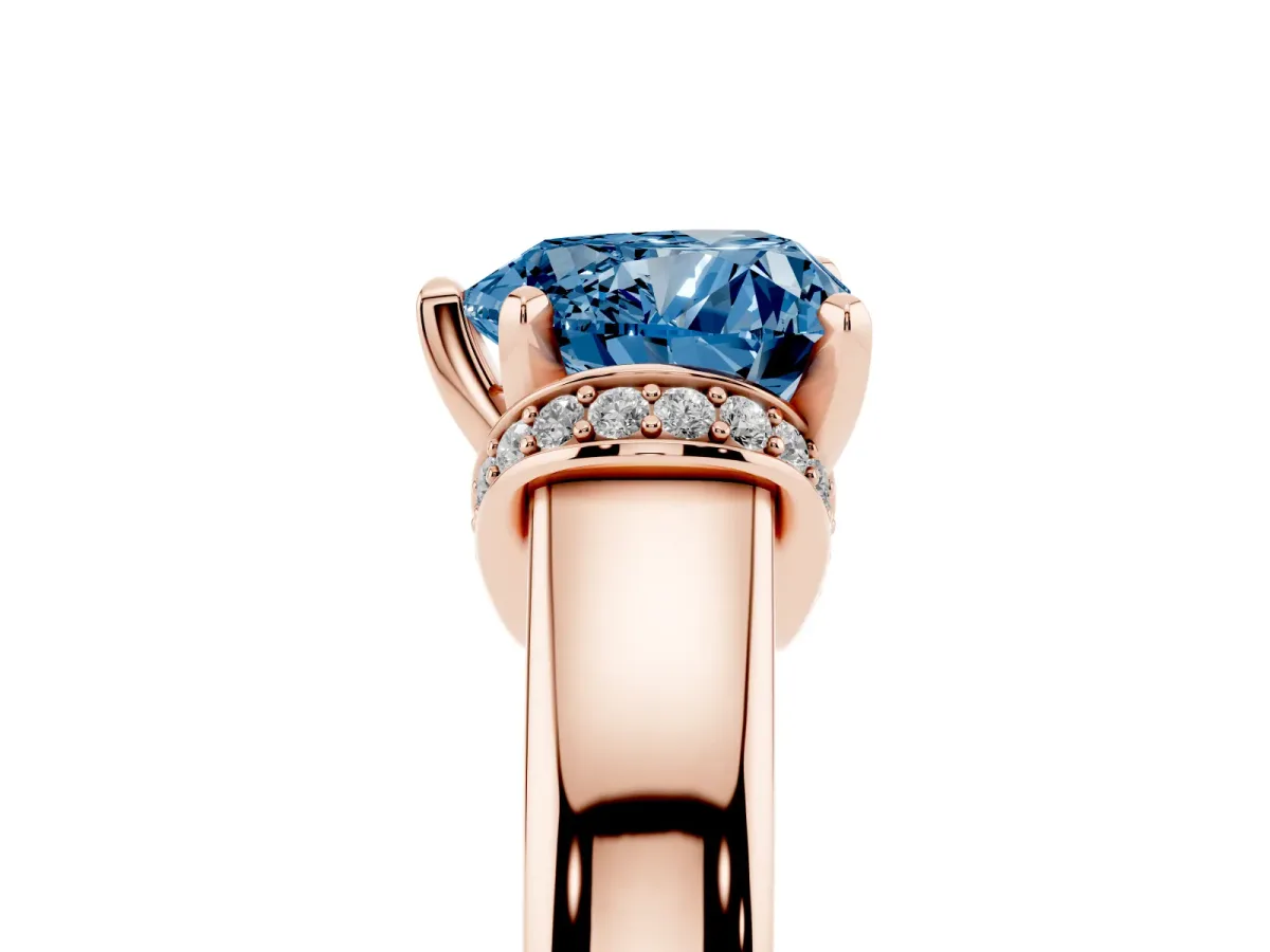 Fancy Blue Heart Cut Solitaire Diamond Ring with Pave Band and Six-Prong Setting Rose gold