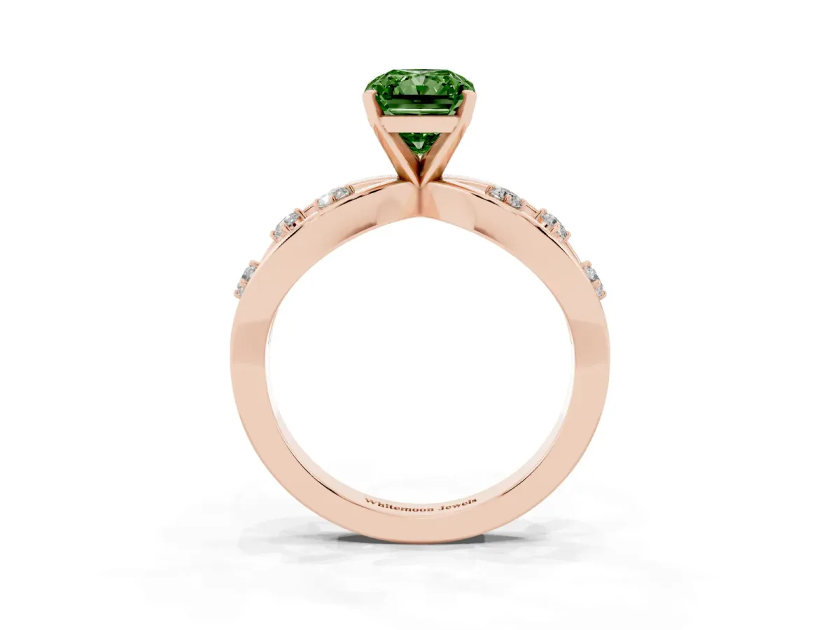 Fancy Green Radiant Cut Cut Solitaire Diamond with Side Stones on Criss-Cross Band and Four-Prong Setting Rose gold