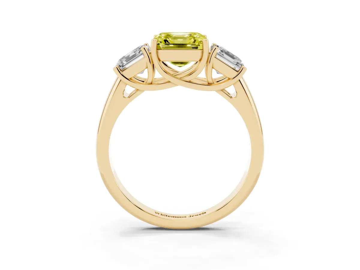 Fancy Yellow Three-Stone Asscher Cut Diamond Engagement Ring with Prong Setting Yellow gold