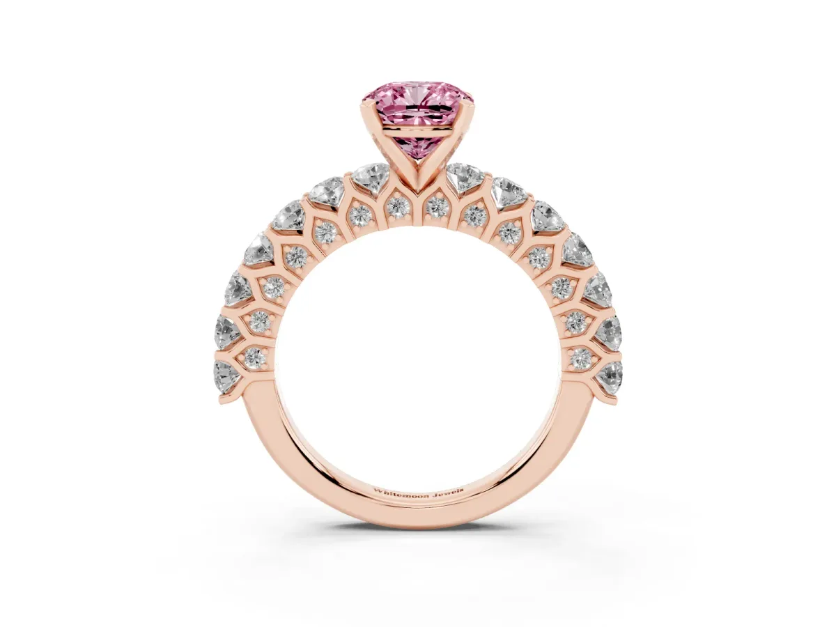 Fancy Pink Cushion Cut Diamond Solitaire Ring with Shared Prong Pavé Band and Four-Prong Setting Rose gold