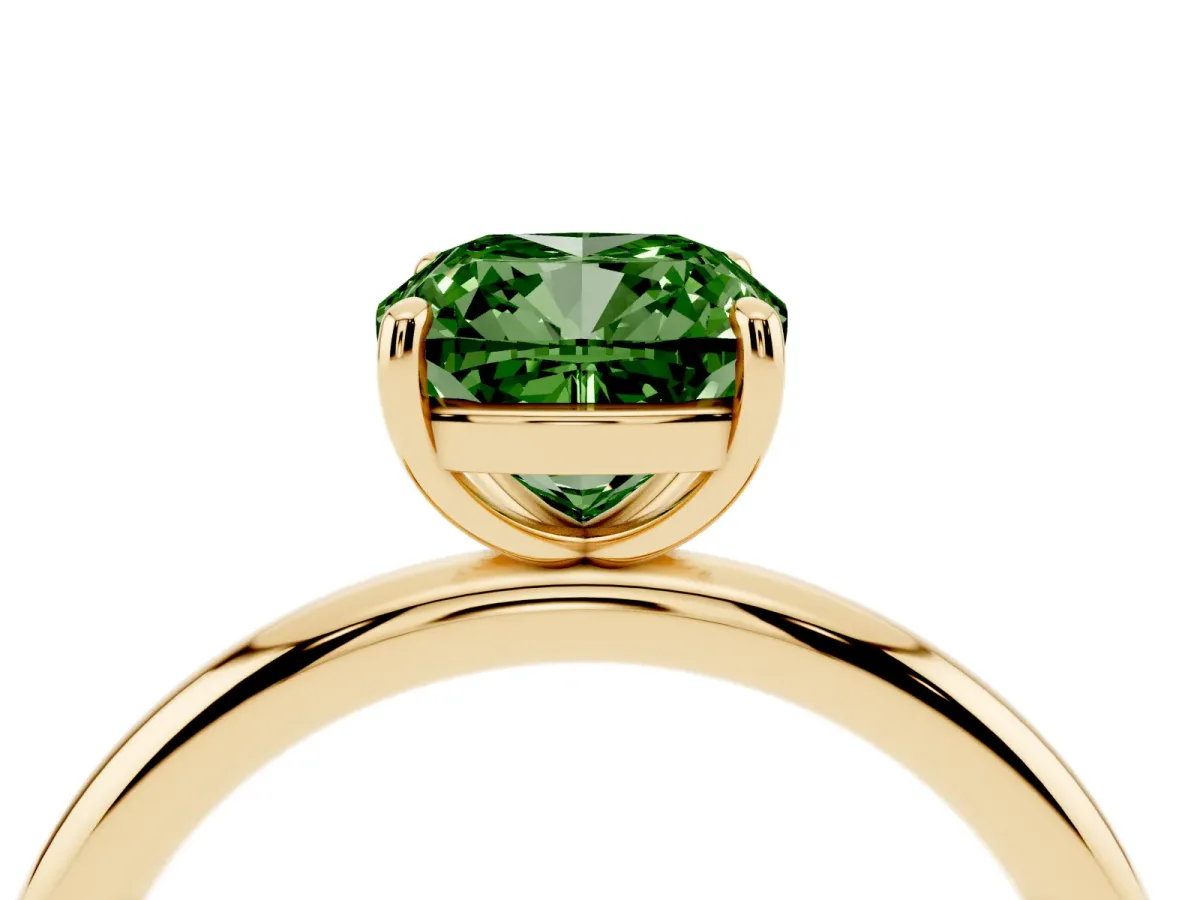 Fancy Green Cushion Cut Solitaire Diamond Ring with Four-Prong Setting on a Plain Band Yellow gold