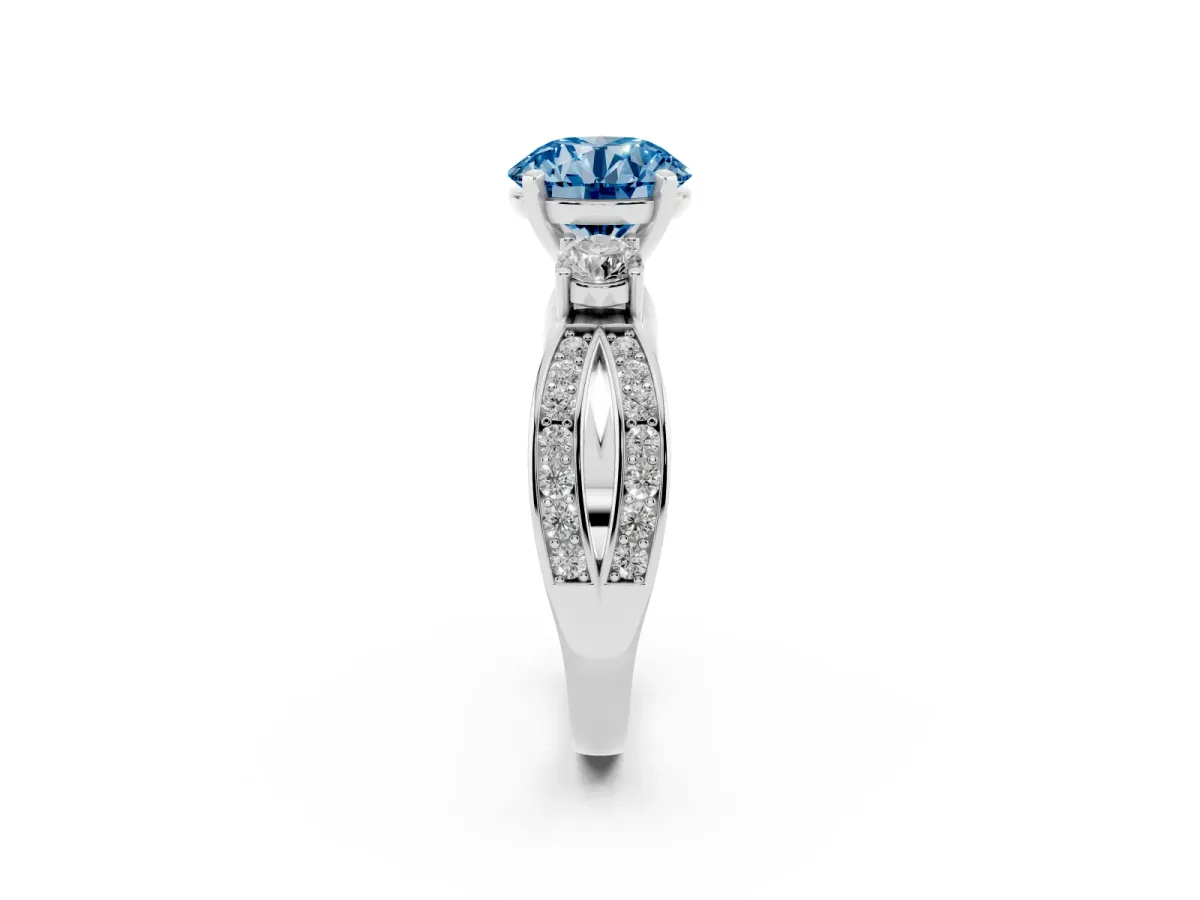 Fancy Blue Three-Stone Round Cut Cut Diamond Twist Band with Prong Setting Silver