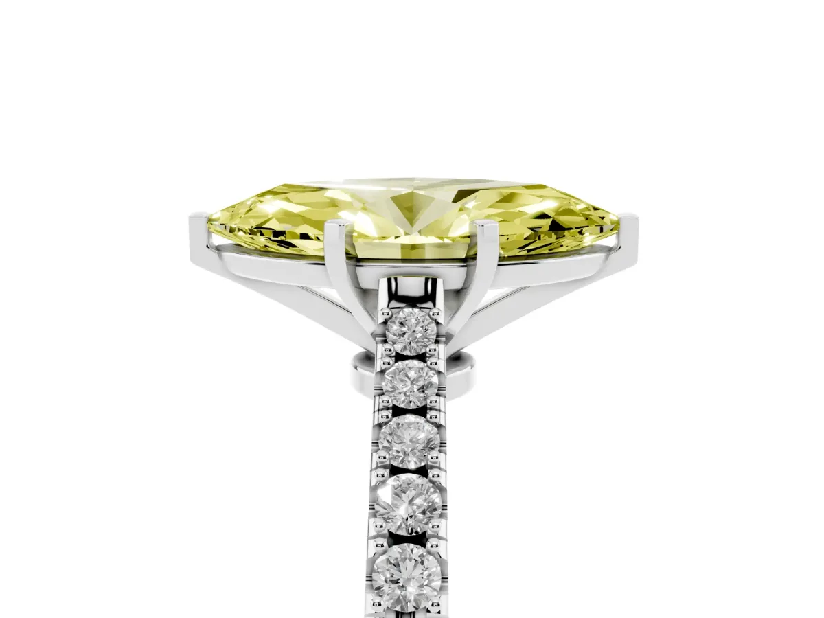 Fancy Yellow Marquise Cut Cut Solitaire Diamond Engagement Ring with Pave Band and Four-Prong Setting Platinum