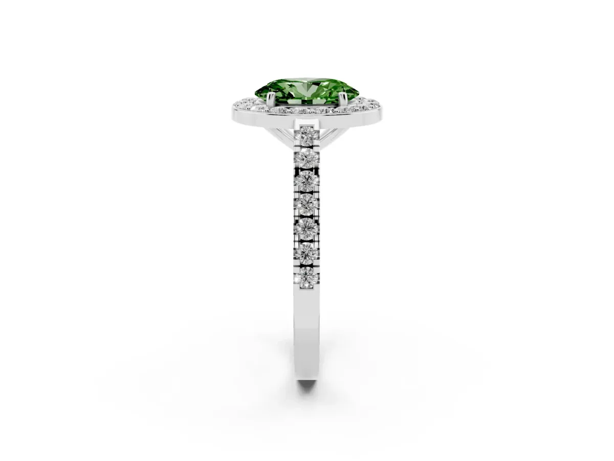 Fancy Green Oval Cut Diamond Halo Ring with Round Pavé Split Shank and Prong Setting Silver