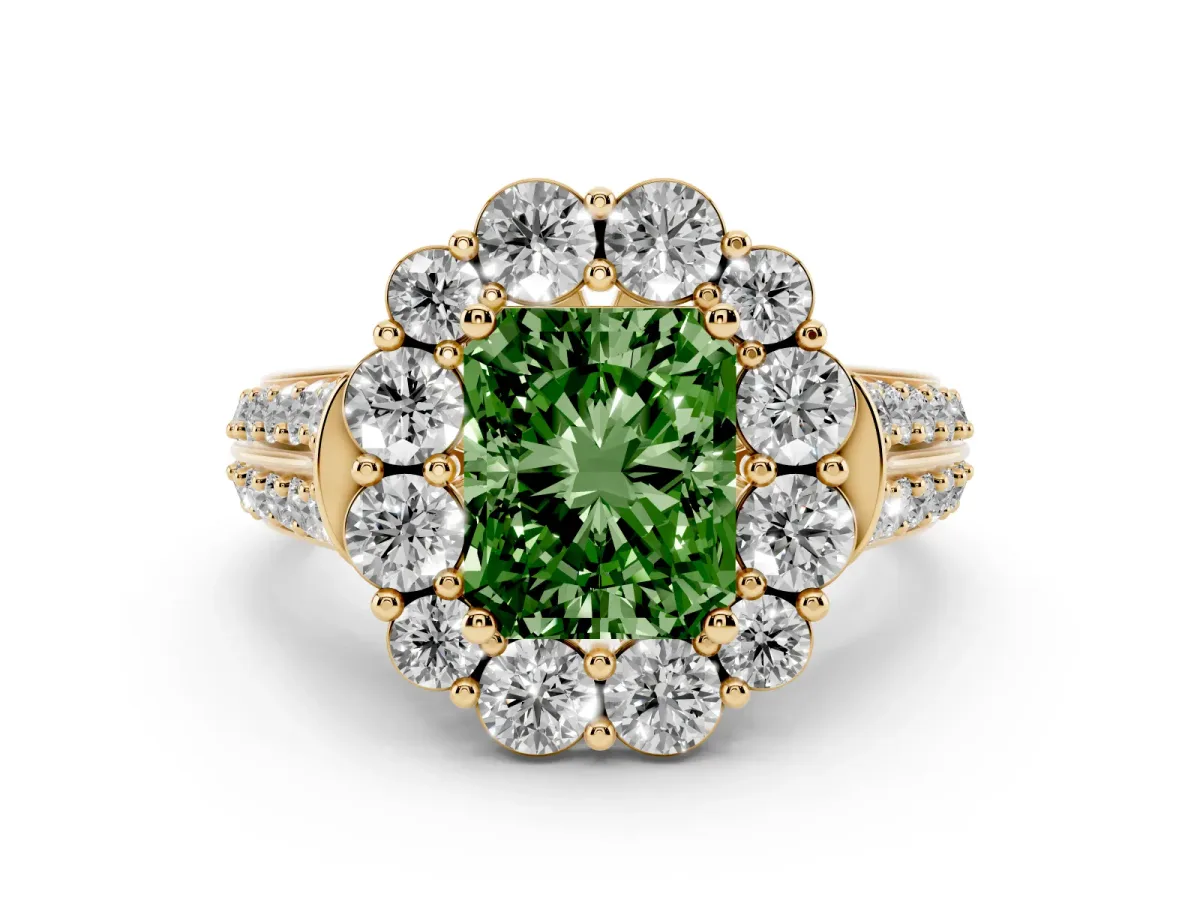 Fancy Green Radiant Cut Halo Diamond Engagement Ring with Split Shank and Prong Setting Yellow gold