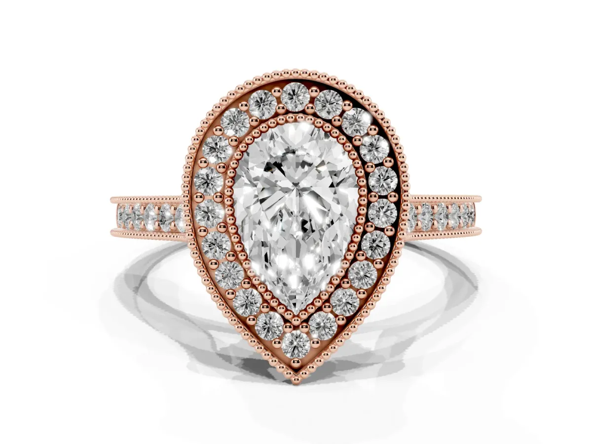 Halo Pear Cut-Cut Diamond Pave Band Milgrain Prong Setting Ring Rose gold